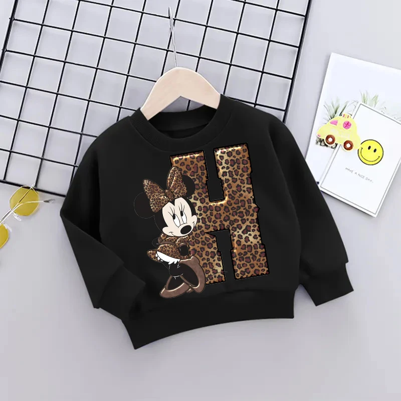 

Minnie Letter Girl Boy Sweatshirts Children Cartoons Kawaii Leopard Print Hoodies Kid Pullover Casual Cotton Clothes Fashion Top