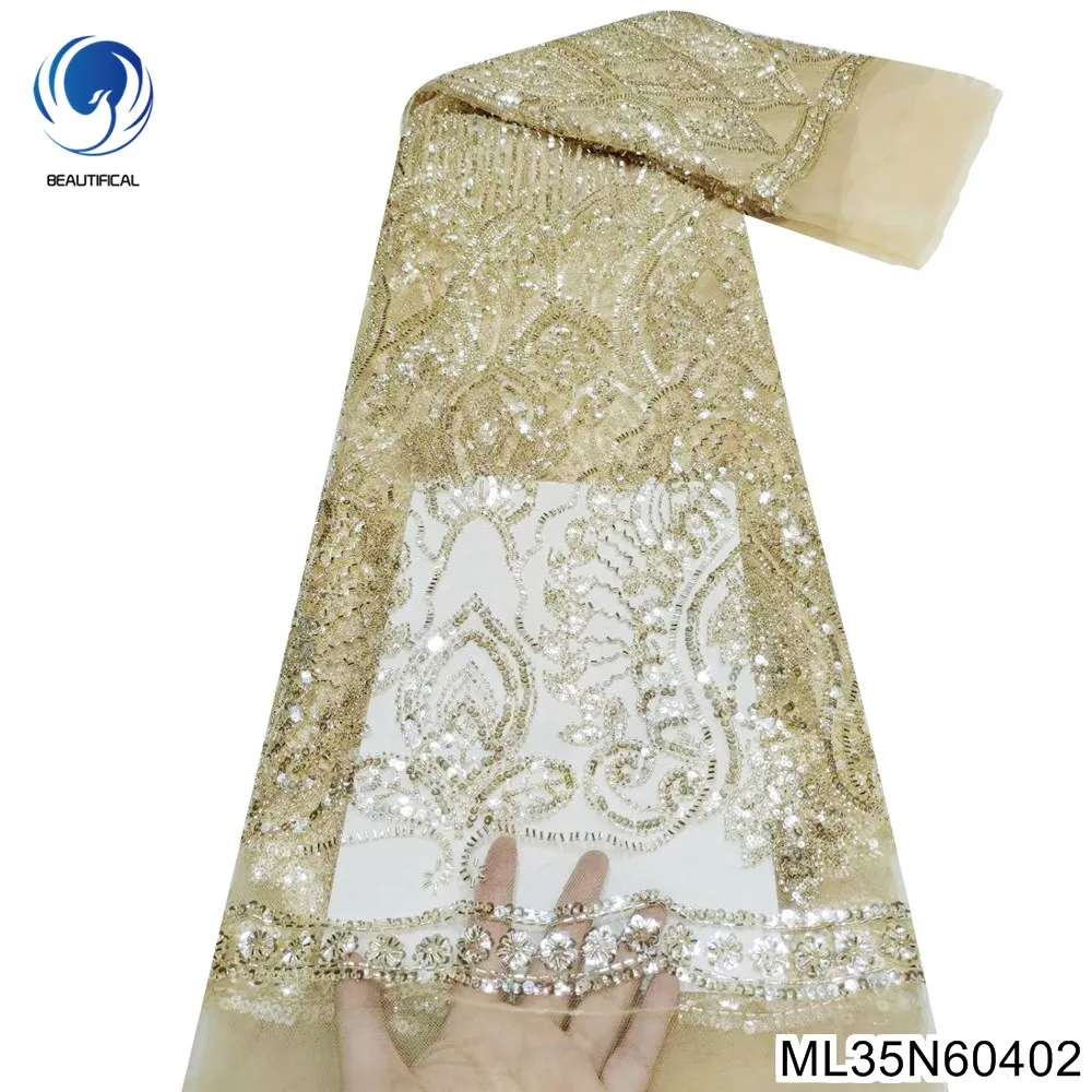 

The New Champagne-colored Luxury African Sequins Fabric with French Heavy Beaded Lace Fabric for Wedding Dress ML35N604