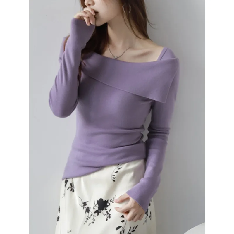 

Slash Neck Solid Color Long Sleeve Pull Femme Knitted Pullover Jumpers Spring Autumn Ruffles Women Clothing Sweater Y2k