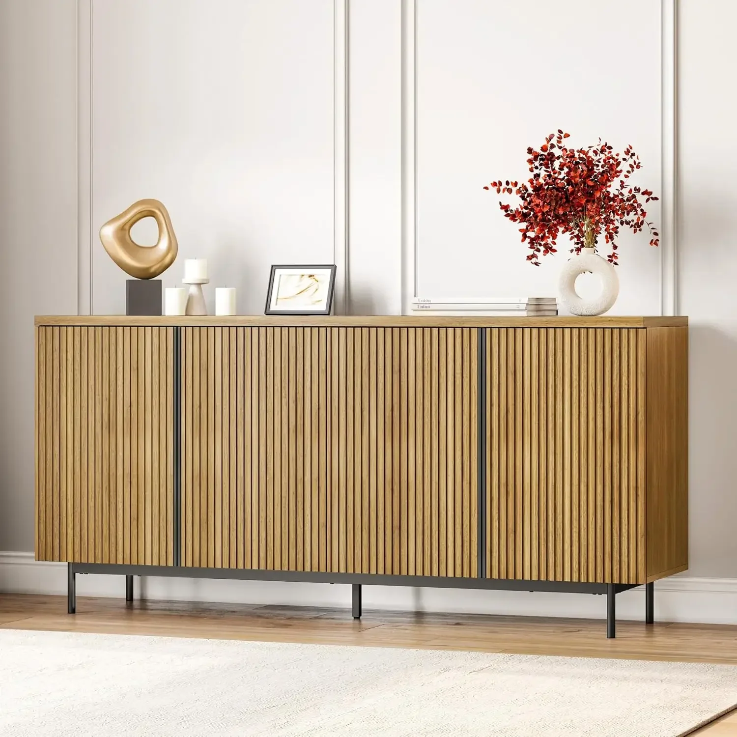 Sideboard Buffet Cabinet, 63" Storage Cabinet with Fluted Decorative Doors Modern Console Table for Dinning Room