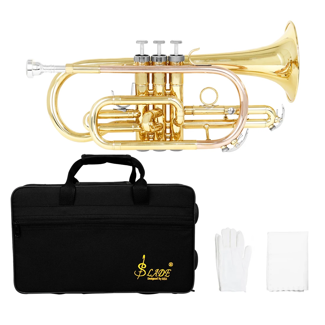 SLADE Bb Cornet Gold Plated Cornet Horn Professional Brass Instrument With Mouthpiece Gloves Cleaning Cloth Carrying Case