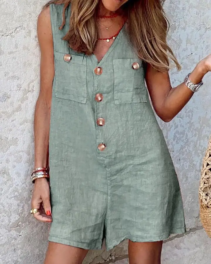 

Women V Neck Sleeveless Rompers Summer Jumpsuits Ladies Short Playsuits Casual Solid Color Loose Beach Overalls Casual Jumpsuit