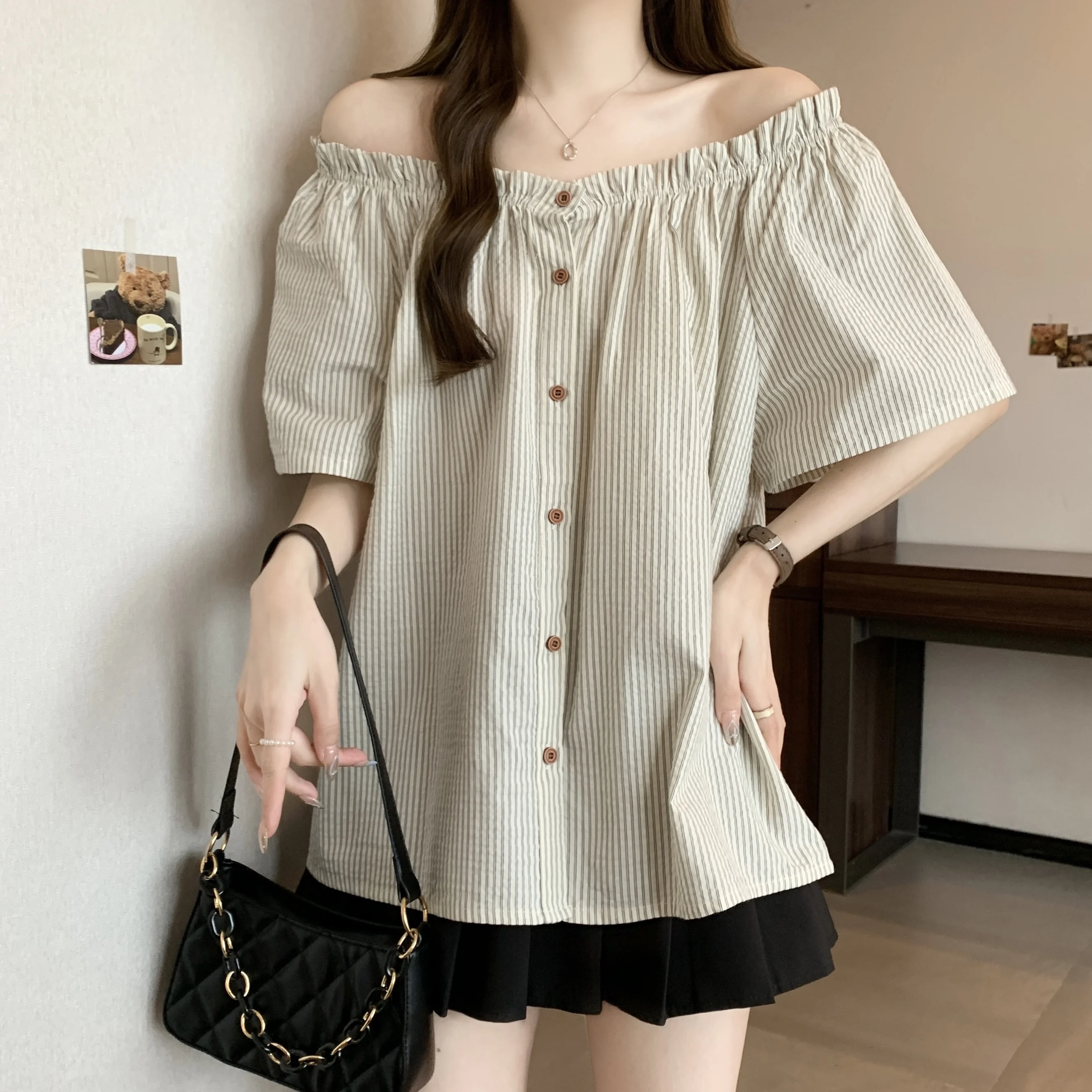 Chic Summer irt Women's Sle Korean Five-Quarter Sve Age-Defng Beautiful Faionable Good-Looking Chiffon Top