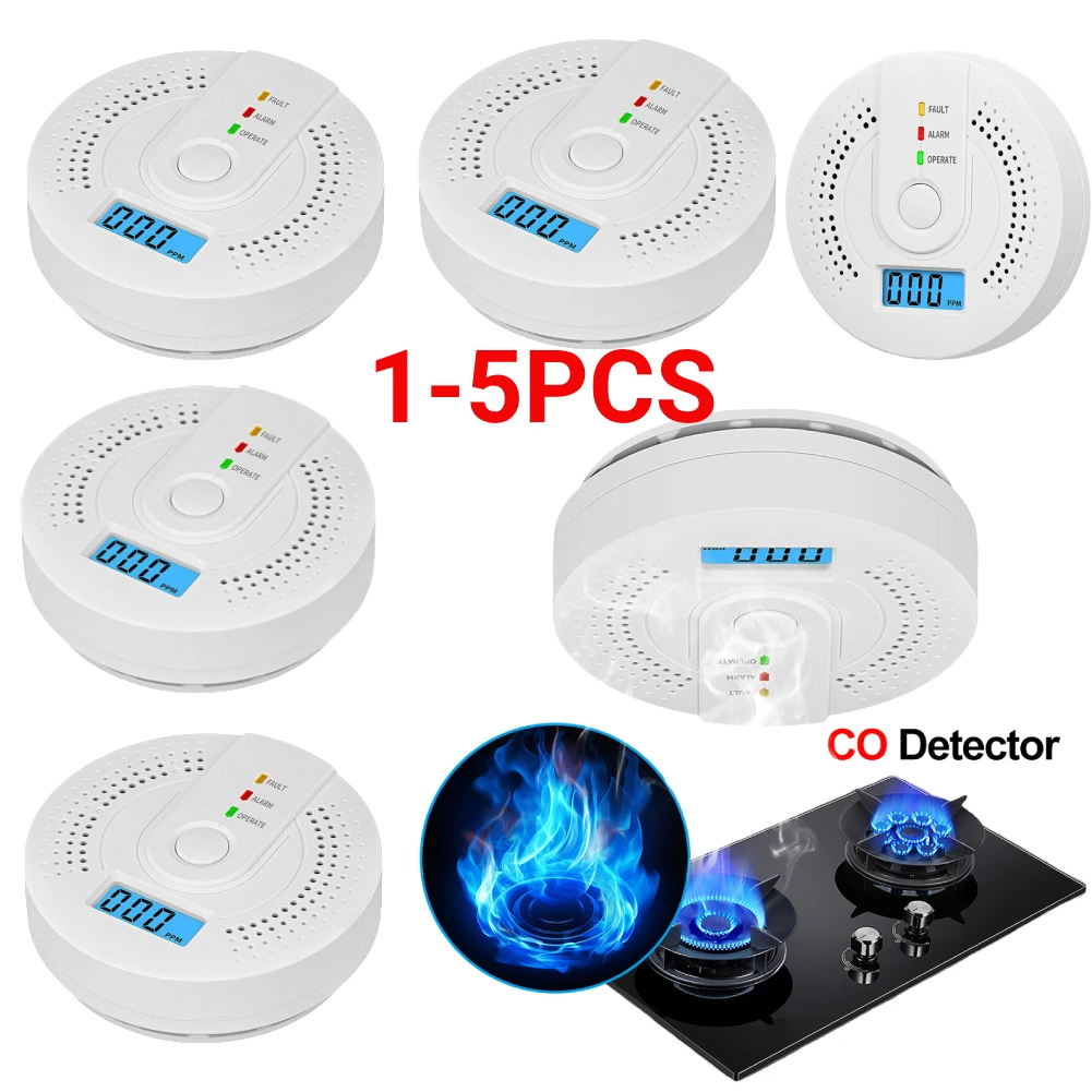 1-5pc Carbon Monoxide Detector CO Warning Alarm Battery Powered CO Gas Monitor Alarm Detector with LED Indicator for Outdoor