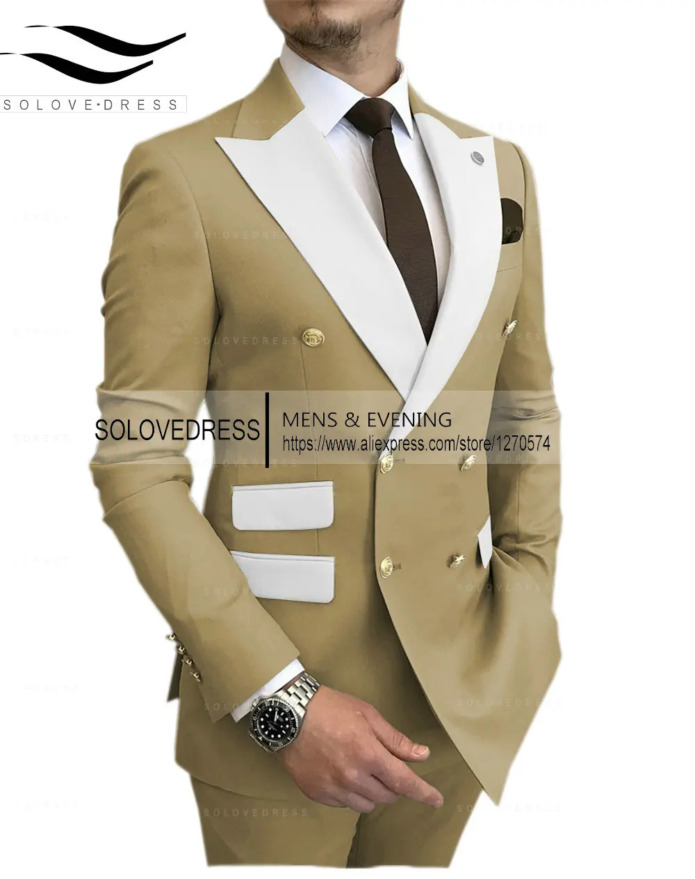 Gentleman Double Breasted Peak Lapel Blazer 2 Pieces Mens Suit With Pants Formal Khaki Beige  Jacket For Wedding Groom Tuxedos