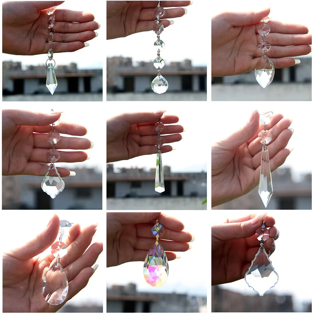 Crystal Glass Prism Pendant With Octagon Beads Butterfly Clasp Rings For DIY Suncatcher Lighting Lamp Parts Wedding Home Decor
