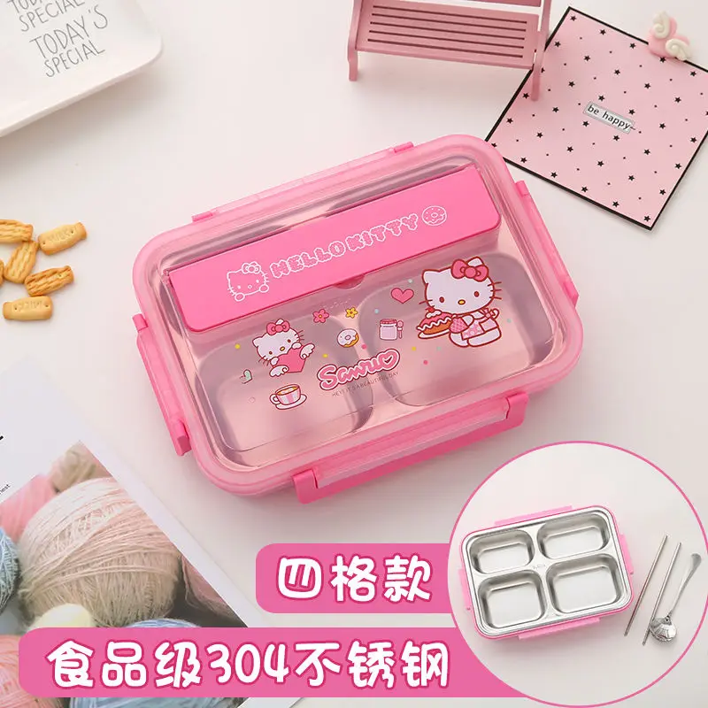 

Sanrio Kawaii Hello Kitty Портативный 304 Ланч-бокс из нержавеющей стали, детский отсек, герметичная посуда для студентов, Ланч-бокс Bento
