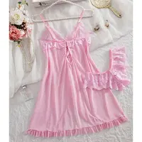 Un ensemble rose mignon femmes doux chemise de nuit et culotte Pijamas costume sans manches licou chemise de nuit ensembles courts col en v soutien-gorge string Kit de luxe 2