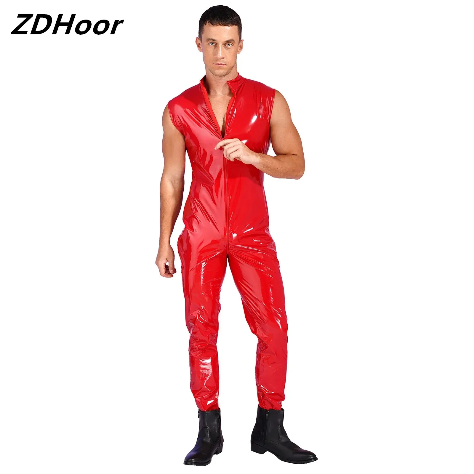 

Mens Zipper Crotch Stand Collar Bodysuit Sleeveless Jumpsuit Wet Look Patent Leather Catsuit Clubwear