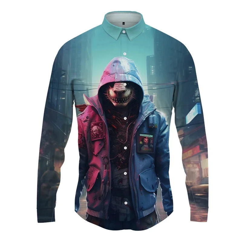 thumbnail image 1 of Camisas de manga larga con estampado 3D de antropomorfismo animal para hombre y mujer, camisas casuales de moda con solapas abotonadas, ropa unisex de gran tamaño, 1 of 5