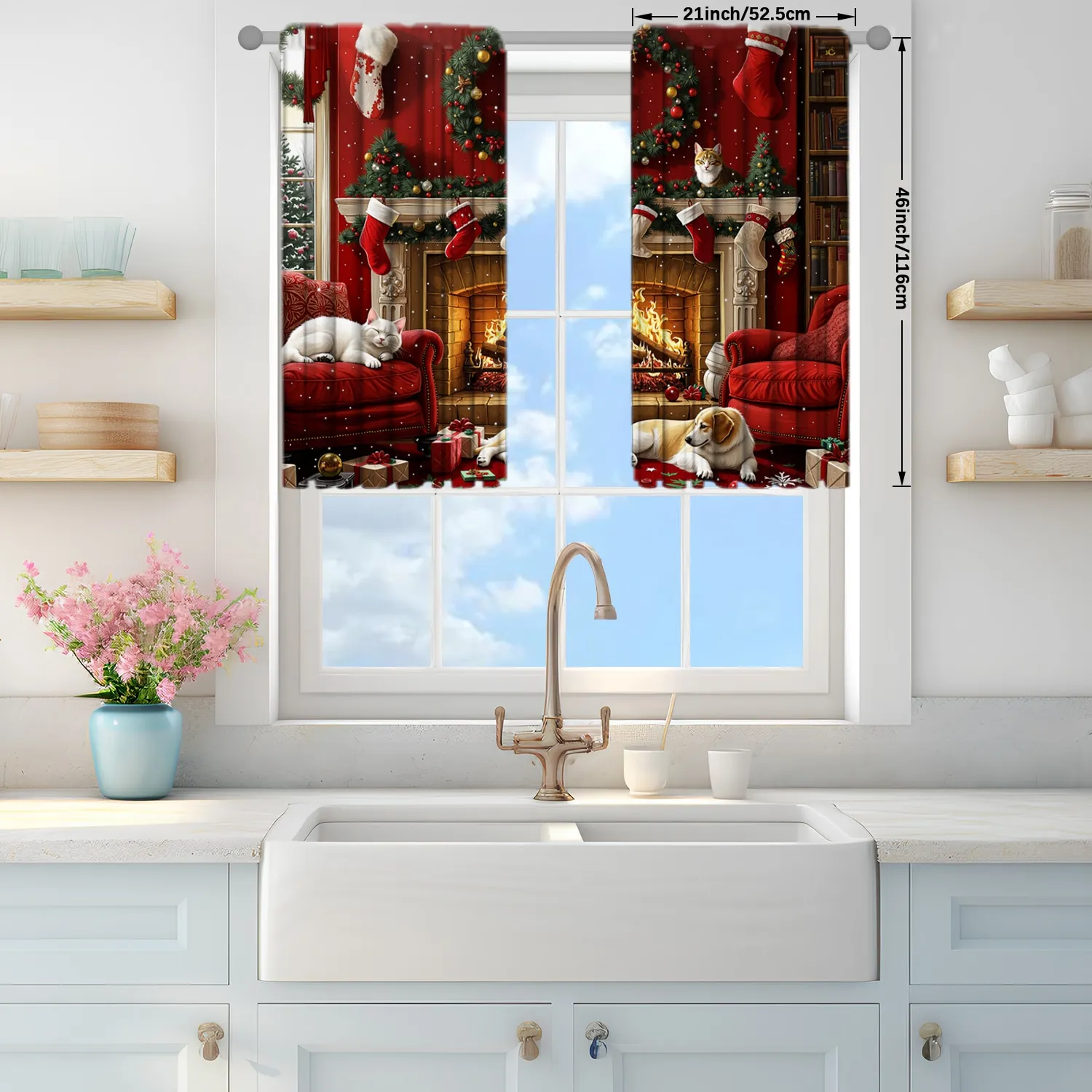 Description Picture 4 of item2pcs Christmas Fireplace Printed Curtain for Christmas Home Decor - Rod Pocket Window Treatment for Bedroom, Office, Kitchen