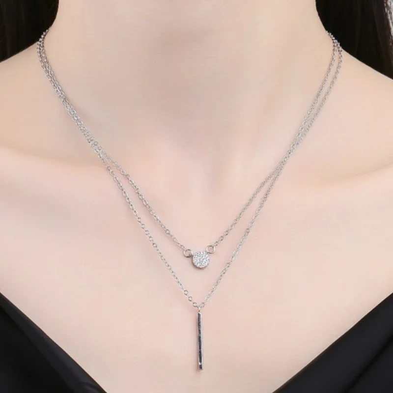 Double Layer Silver Color Shiny Zircon Long Square Pendants Necklace for Women Trendy Sweater Necklaces Jewelry Gifts