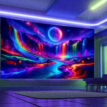 Tapisserie fluorescente arc-en-ciel pour pics de montagne et cascades, tapisserie réactive UV, tenture murale paysagère naturelle, 1 pièce 1