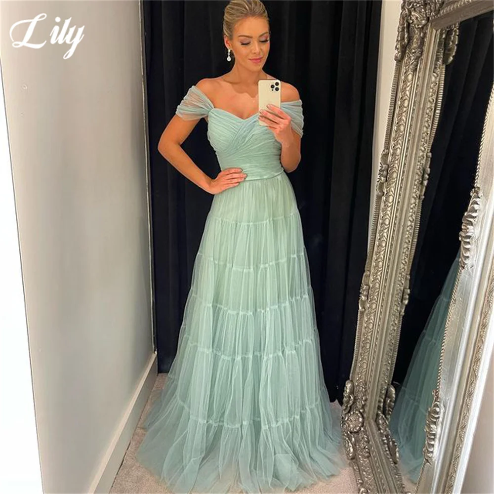 

Lily Mint Green 2023 Long Prom Dresses Off Shoulder Sweetheart Neck Tulle Evening Dress A Line Formal Party Gown Robe De Soiree