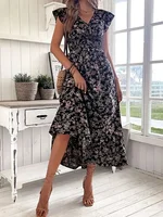 Plus Size 1XL-5XL Women's Fashion Summer Floral Print V-Neck Ruffle Hem Dress Ladies Short Sleeve Elegant Flare Dress Long Dress - Image 4