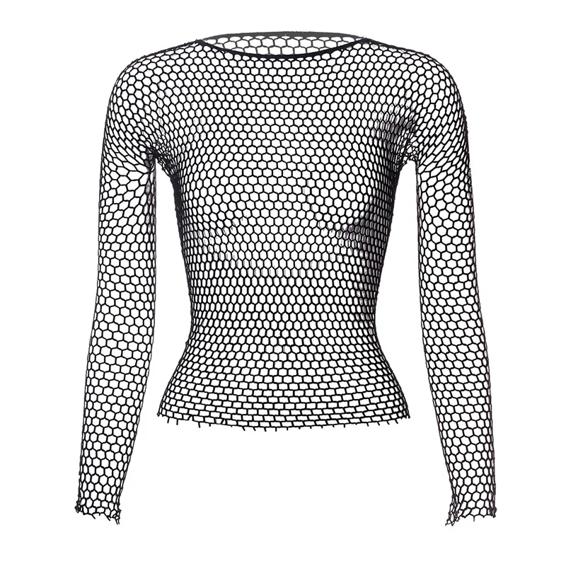 

1PC Harajuku Bodystocking T Shirts Mesh Fishnet Crochet Top See-through Female Long Sleeve Shirts Women