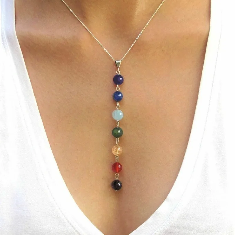 

7 Chakra Reiki Bead Pendant Necklace Yoga Energy Jewelry Healing Balance Natural Stone Choker Bracelet Jewelry Set for Women Men