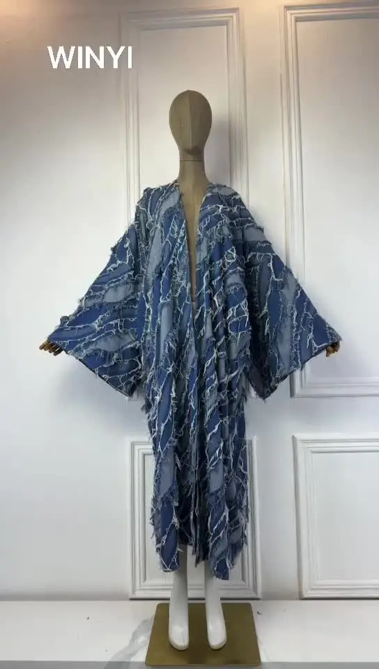 WINYI Kimono Washed jacquard denim with spliced raw edge
