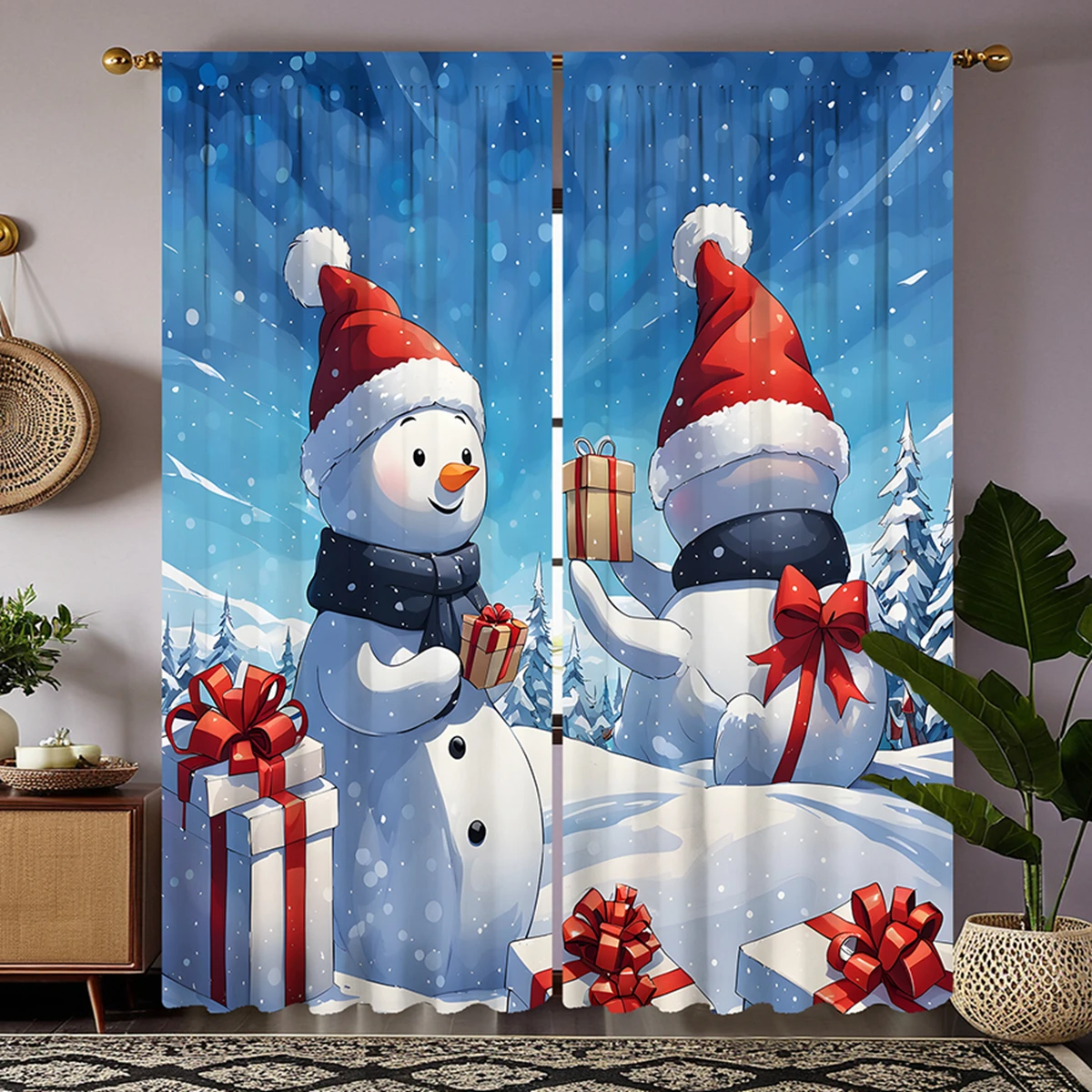 2pcs set HD Christmas gift snowman decoration curtain Blue tie digital printed curtain Home decoration style Decoration livin 2