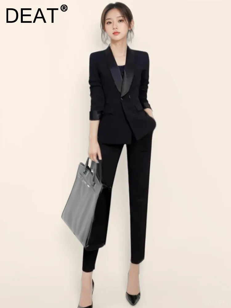 

Женский однобортный комплект из двух предметов DEAT, однотонный пиджак с отложным воротником и длинными рукавами и брюки, модель 15C219 на лето, 2024