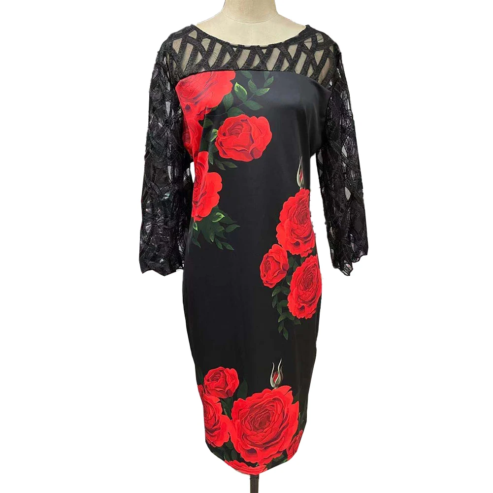 

Women Dress Plus Size Women's Casual Mesh Print Hollow Out Long Sleeve Short Dress for Daily and Holiday Theme