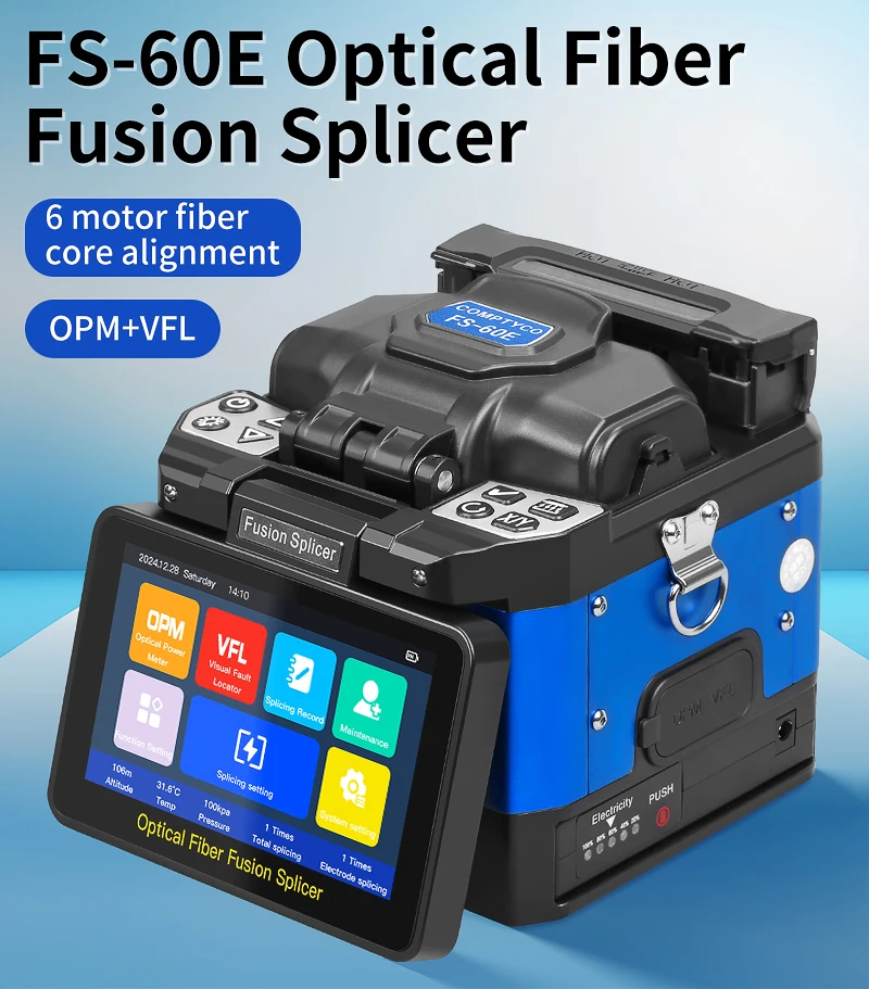 6 Motors FS-60E Fiber Optic Fusion Splicer 10 Languages Touch Screen Optical Fib