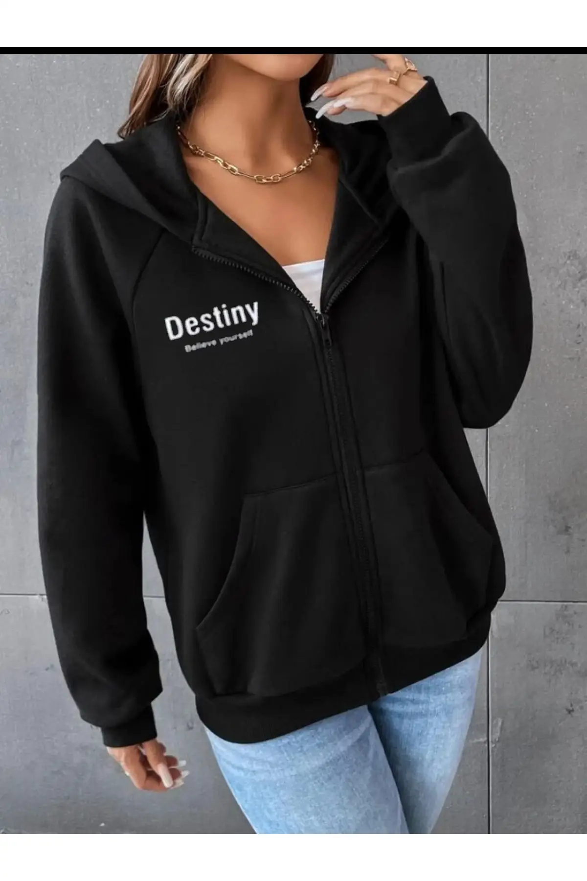 

Hooded Destıny Printed Black Cardigan Trend Oversize Hooded Long Plain Color Kangaroo Pocket Medium Sweater & Tops