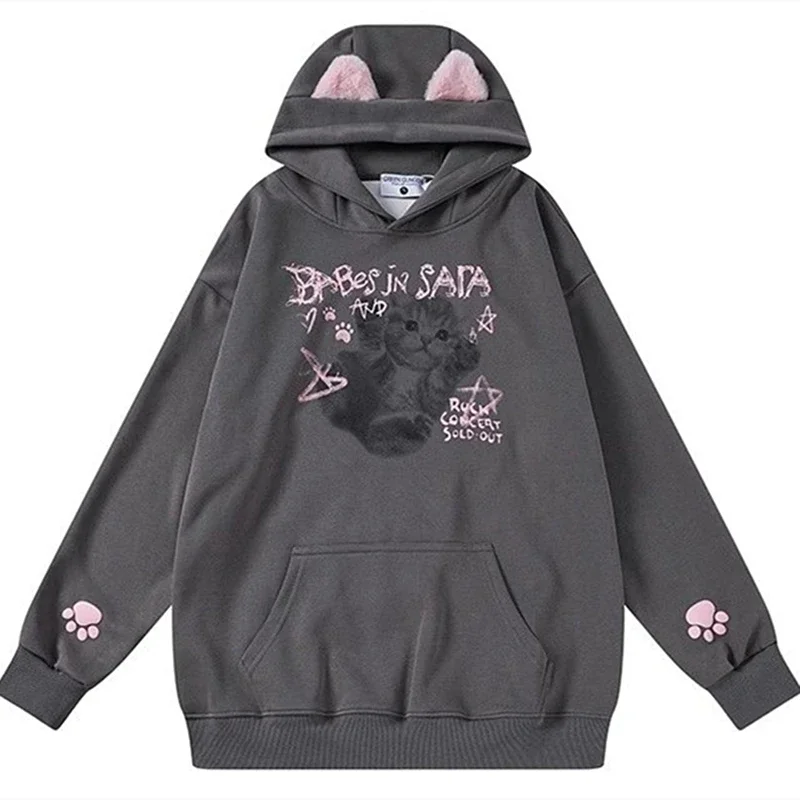 

Japanese Y2K Plush Ears Kitten Cat Anime Hoodies Harajuku Streetwear Teenage Loose Sweatshirt Kawaii Clothes Winter Autumn Tops