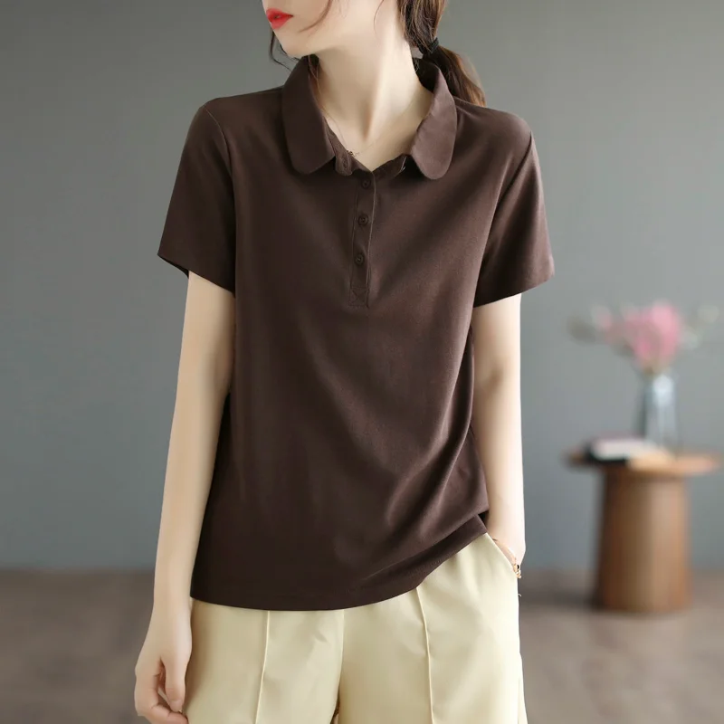 

Polo Neck Shirt Plain Women's T Shirts Short Sleeve Tee Button Clothes V Offer Free Shipping Aesthetic Youth With Collar Top New