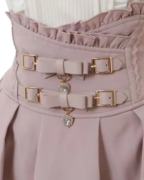 Japanese Mine Style Butterfly Braid Buckle Leather Ring High Waist Skirt Shorts Women 2023 Summer Sweet Pink Lace Pleated Skirt