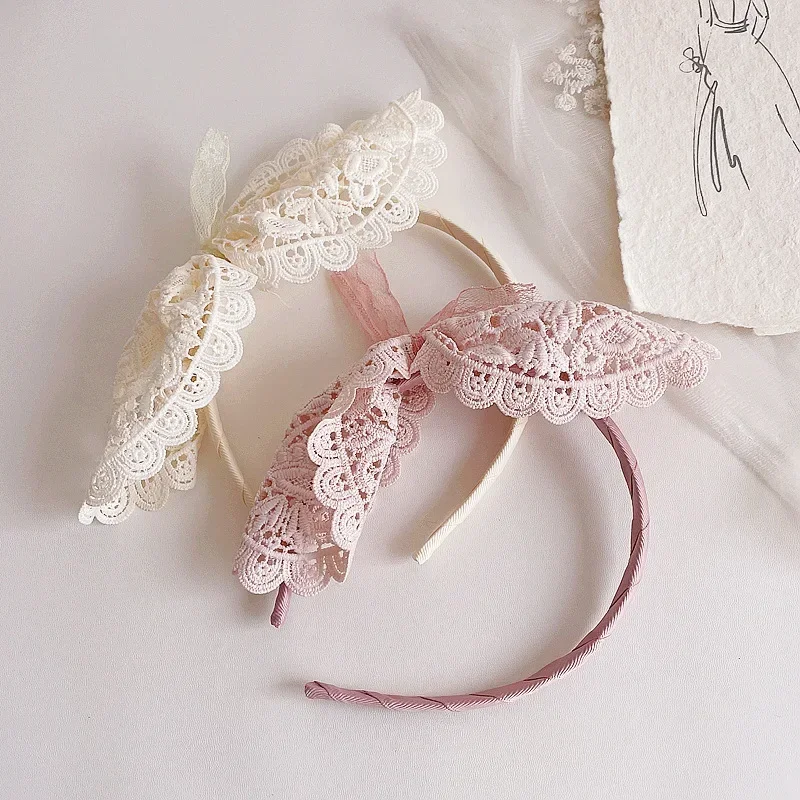 Cute Kawaii Big Bow Solid Color Scrunchie Hair Hoop for Baby Girls French Vintage Lace Tie Bands Lolita Headband Accessories