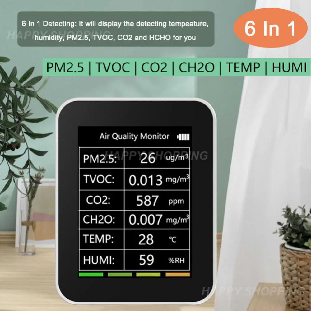 

Многофункциональный цифровой измеритель CO2 5 в 1/6 в 1, тестер температуры и влажности, TVOC HCHO детектор, монитор качества воздуха