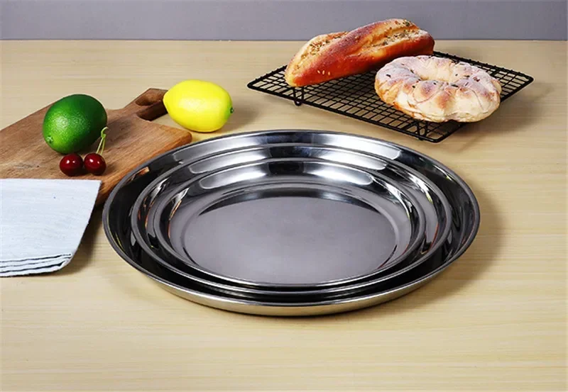 Thick Stainless Steel Plate round Large Disc Flat Bottom Shallow tray Extra Large Fish Head fruite meat Plate Restaurant Hotel