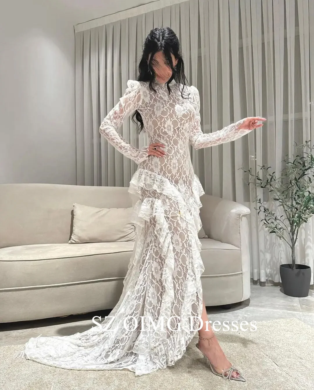 

OIMG Elegant Women Mermaid Long Sleeves Lace Prom Dresses O-Neck Hi-Lo Saudi Arabia Evening Gowns 2023 Formal Party Dress
