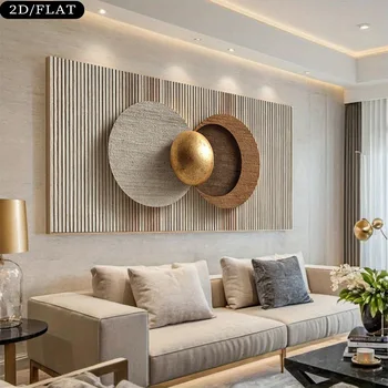 Design minimalista astratto moderno su tela piatta senza cornice 2D con una sfera dorata impostata contro uno sfondo in legno, adatto per