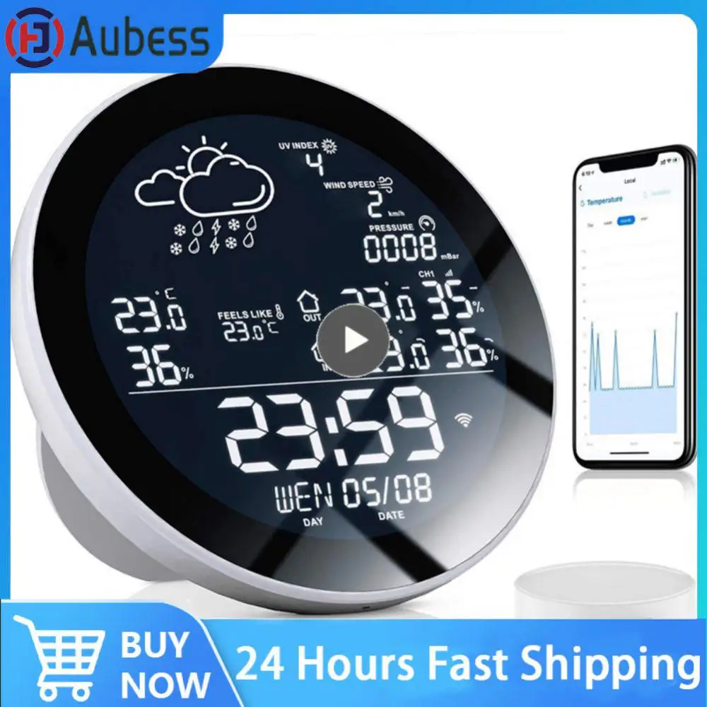 

Tuya Wifi Smart Weather Station with Clock Temperature and Humidity Meter Large Weather Clock Temp Humidity Gauge with 3 Sensor