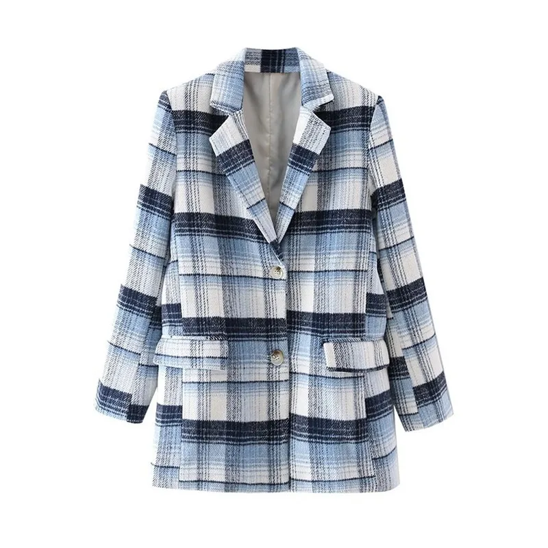 Blue Plaid Woollen Blazer Suit Mature Women Office Casual Commute All-Match Blazer Formal Clothing Lady Temperament Woollen Coat