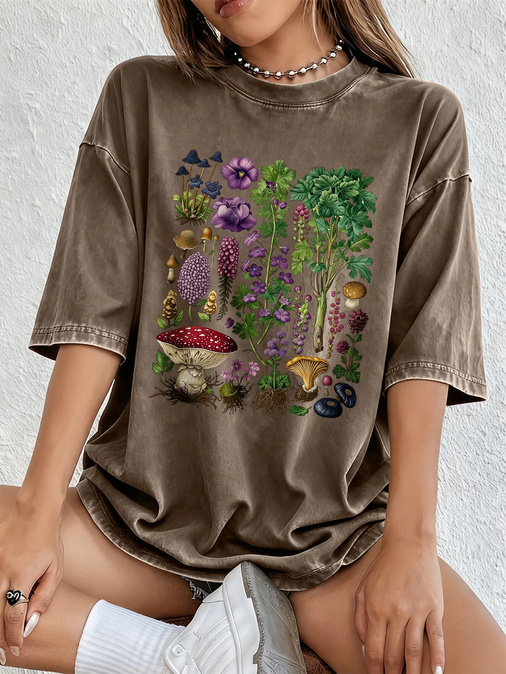 Floral & Mushroom Print Oversized Cotton T-Shirt - Women's Casual Summer Top