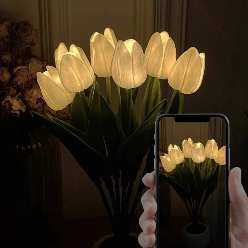 Lampe LED en forme de tulipe, lampe de chevet en pot, pot de fleurs