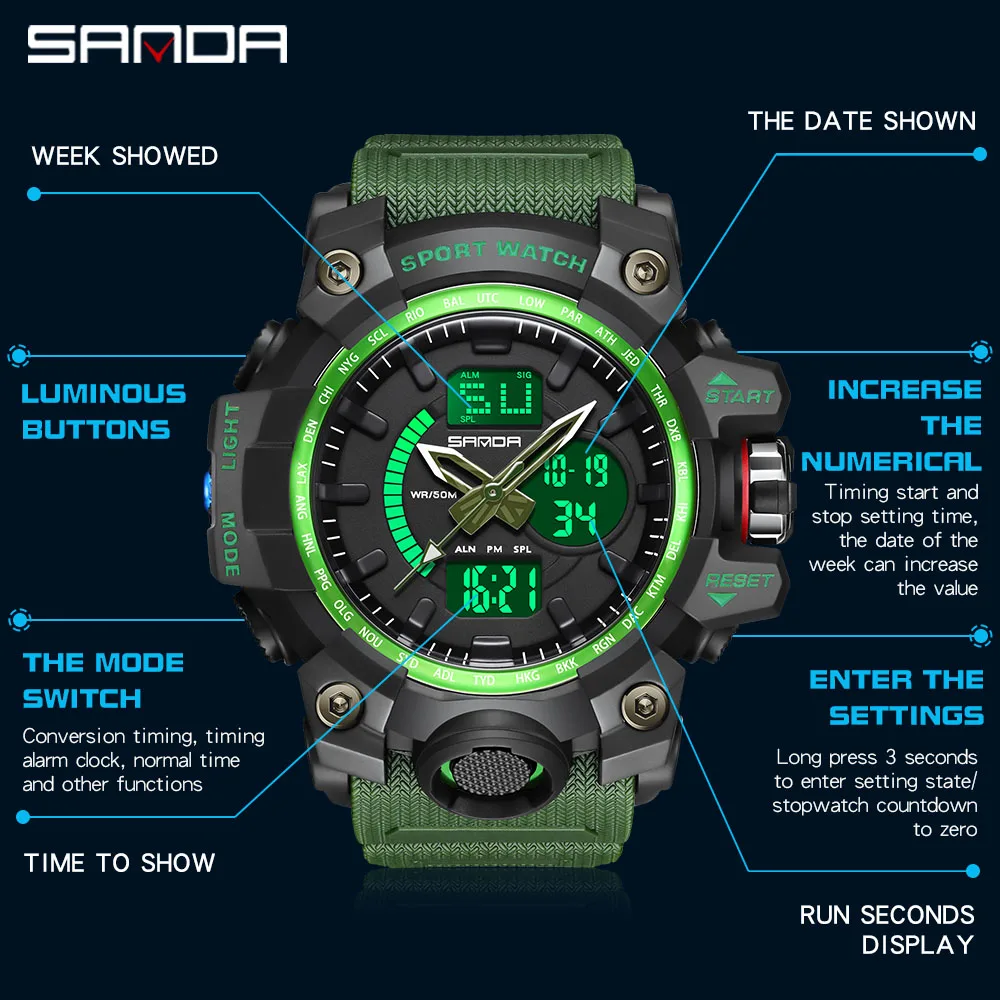 golden Sport Watch SANDA Brand Watches LED Digital Wristwach Multi-functional Men Clock Led Stopwatch S Shock Sport Watch 3132