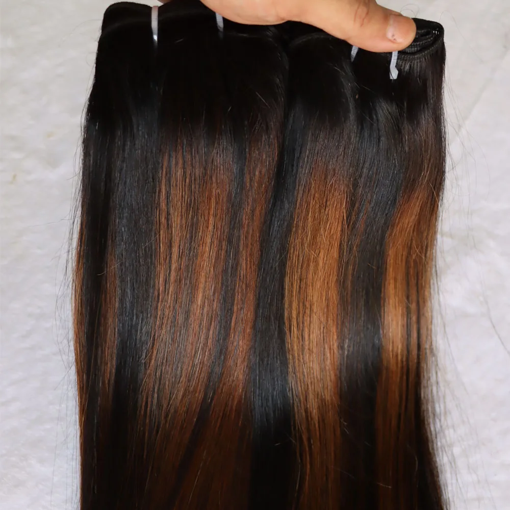 Highlight Virgin Remy Human Hair Bundle Double Weft Straight Wave 1B/30 Light Brown Piano Color Indian Human Hair Weave Black 6