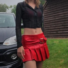 

Faux Leather Gothic Red Pleated Skirt Harajuku Punk Streetwear club High Waist Skirt Women Goth Aesthetic E Girl Y2K Mini Skirts