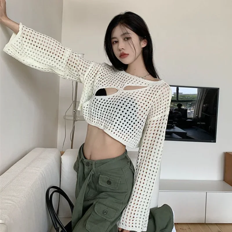 Y2K 할로우 아웃 크롭 탑 니트, 레트로 긴팔 티셔츠, 여성용 여름 자외선 차단 통기성 가디건, 패치 티