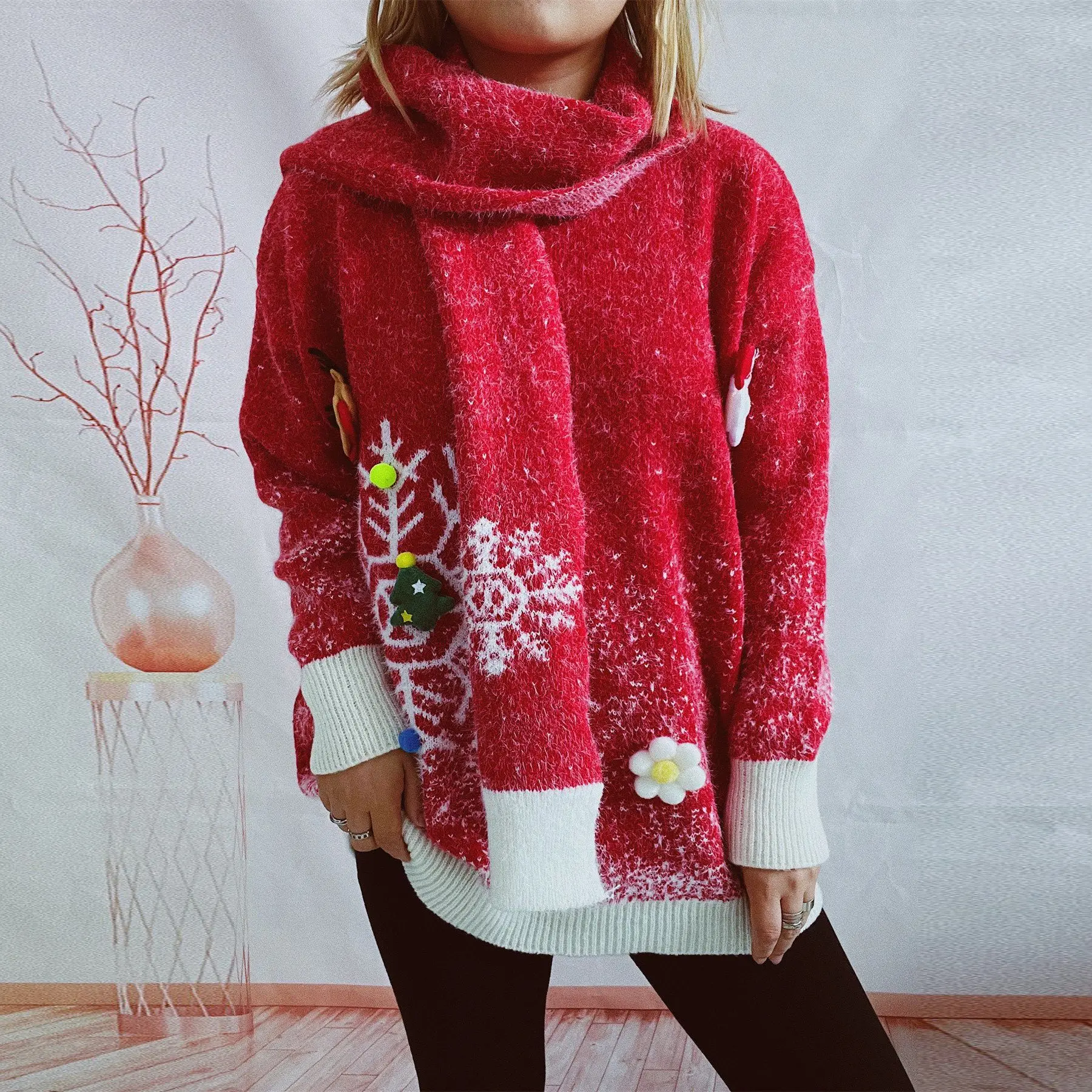 

2023 Round Neck Long Sleeved Snowflake Themed Three-dimensional Decoration Christmas Sweater Scarf Two-piece Set