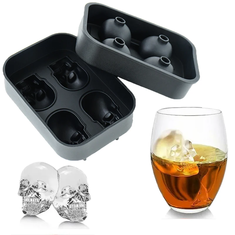 

4 Grids Silicone Skull Head Ice Grid Mold Halloween Fun Props Ice Ball Maker Tools Chocolate Pastry Mould DIY Party Supplies