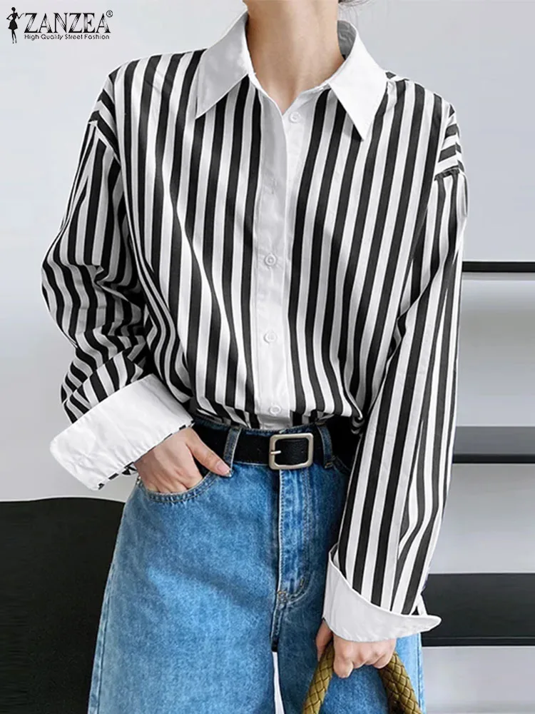 

Women Striped Shirts 2023 Summer ZANZEA Fashion Lapel Neck Female Blusas Elegant Long Sleeve Blouses Casual Single-breasted Tops