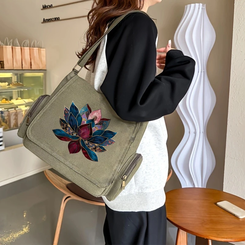 Vintage Women's Shoulder Bag Canvas Lotus Print Large Capacity Crossbody Bag for Travel Messenger Bag