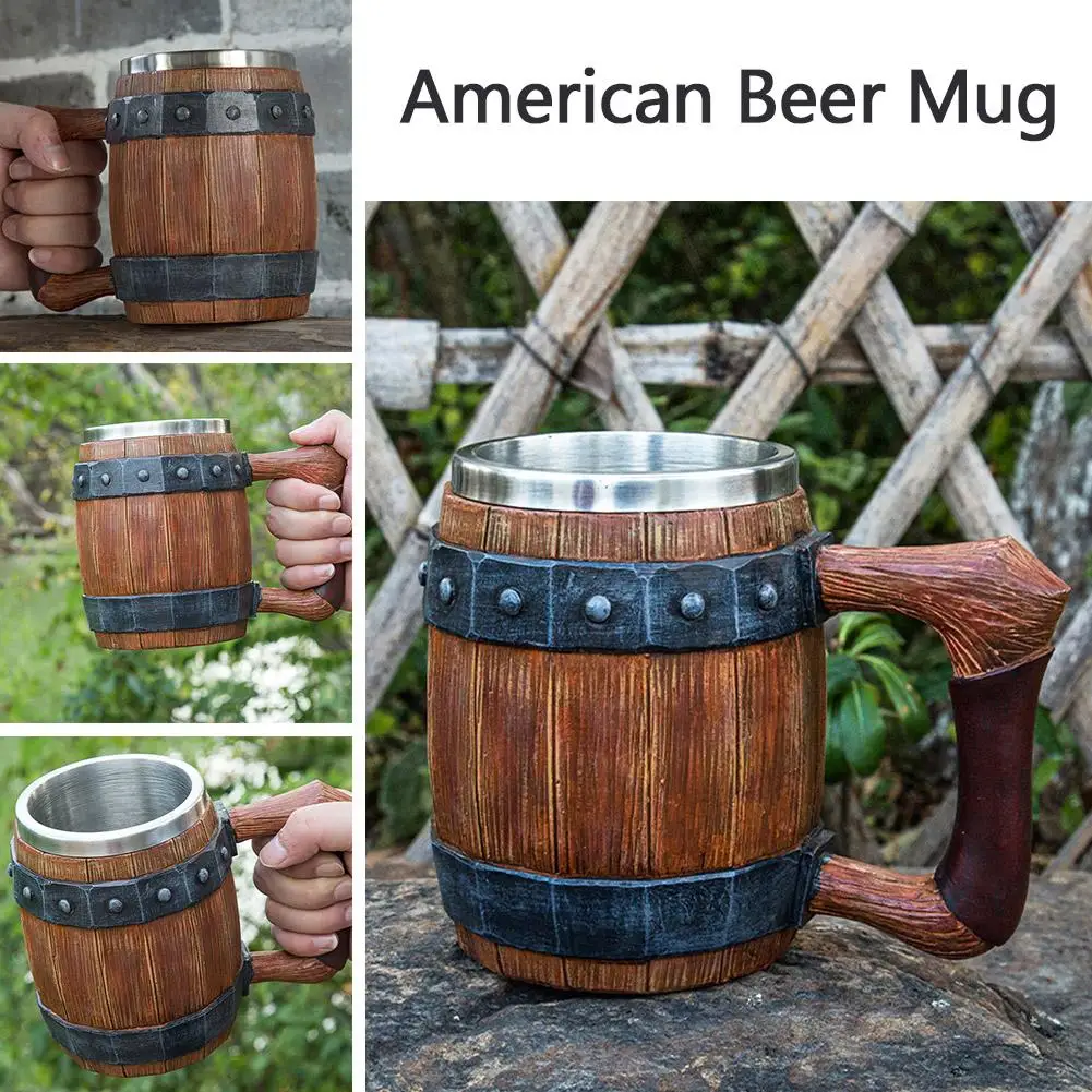 

New Wooden Barrel Resin Beer Mug Handmade Imitation Steel Large Cups Wood Warte Bar Stainless Coffee Capacity X1z3