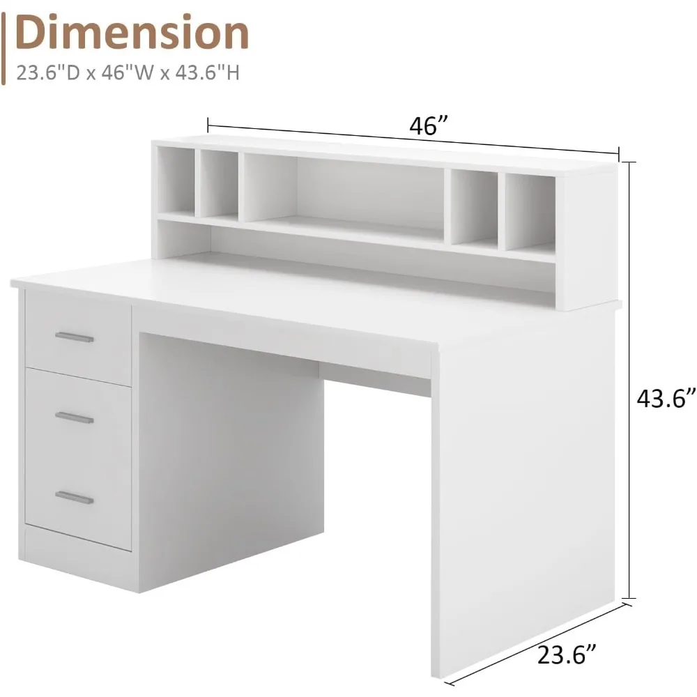 White Boys and Girls Desk with 3 Drawers, Wooden Kids Study Desk with Hutch, Drawing Writing and Learning Desk with Bookshelf 2