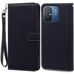 Premium Soft Silicone Leather Wallet Flip Phone Cover - Elegant and Protective Case for Redmi 12C (Black -Strap)